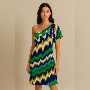 Calvin Klein Colorful Chevron Asymmetrical Sleeve Dress Size 6